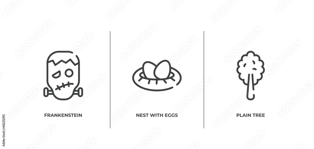 poi nature outline icons set. thin line icons sheet included frankenstein, nest with eggs, plain tree vector.