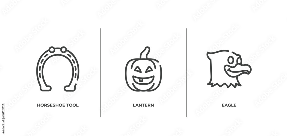 funny animals outline icons set. thin line icons sheet included horseshoe tool, lantern, eagle vector.