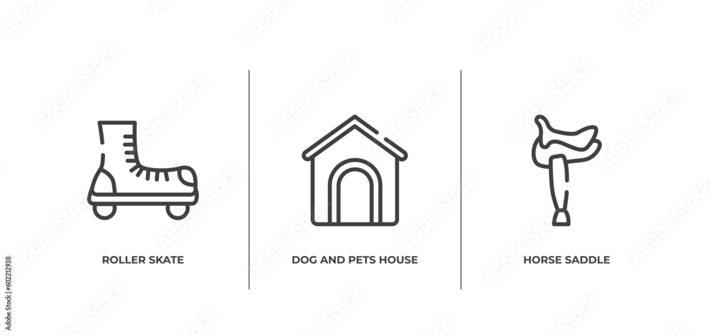 horses outline icons set. thin line icons sheet included roller skate, dog and pets house, horse saddle vector.