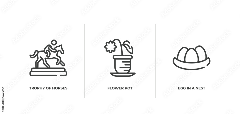birds pack outline icons set. thin line icons sheet included trophy of horses races, flower pot, egg in a nest vector.