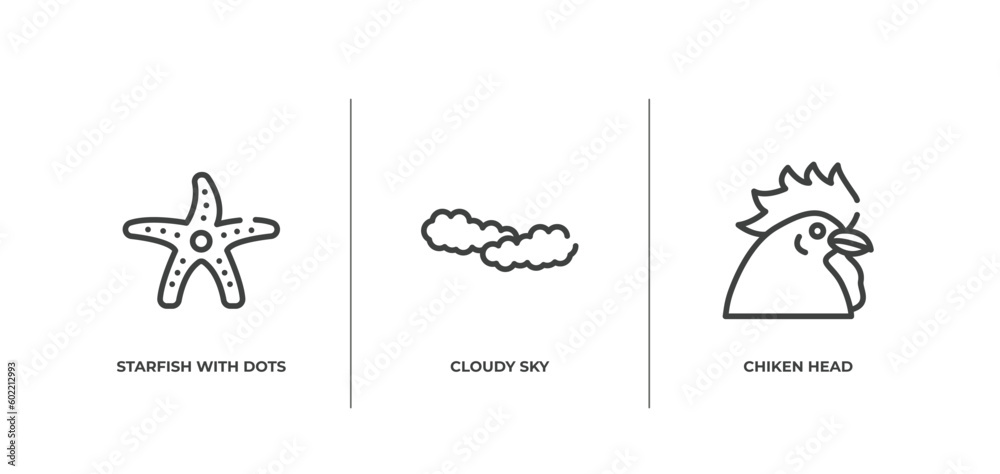 free animals outline icons set. thin line icons sheet included starfish with dots, cloudy sky, chiken head vector.
