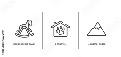 poi nature outline icons set. thin line icons sheet included horse rocker black, pet hotel, mountain range vector.