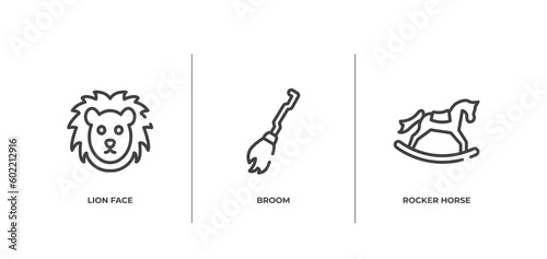 horses outline icons set. thin line icons sheet included lion face, broom, rocker horse vector.
