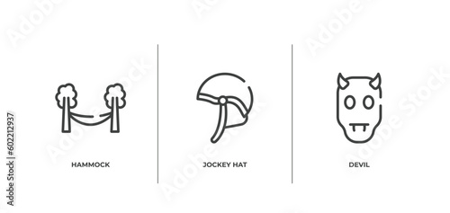 halloween outline icons set. thin line icons sheet included hammock, jockey hat, devil vector.