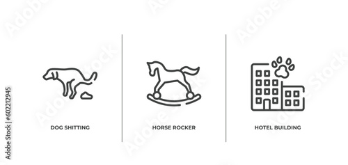 pet hotel outline icons set. thin line icons sheet included dog shitting, horse rocker, hotel building vector.