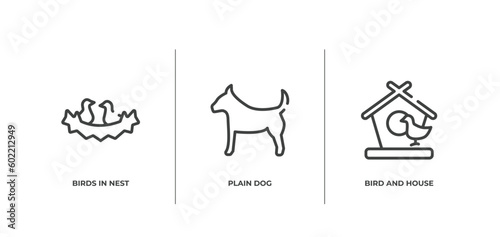 birds pack outline icons set. thin line icons sheet included birds in nest, plain dog, bird and house vector.