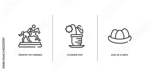 birds pack outline icons set. thin line icons sheet included trophy of horses races, flower pot, egg in a nest vector.