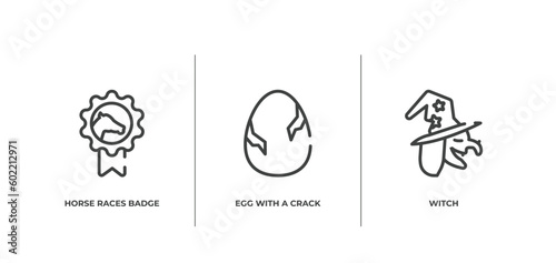 halloween outline icons set. thin line icons sheet included horse races badge, egg with a crack, witch vector.