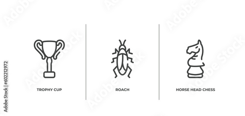 horses outline icons set. thin line icons sheet included trophy cup, roach, horse head chess piece vector.