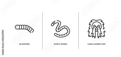 woof woof outline icons set. thin line icons sheet included silkworm, earth worm, long haired dog head vector.
