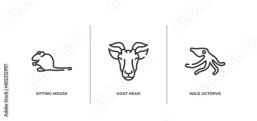 free animals outline icons set. thin line icons sheet included sitting mouse, goat head, wild octopus vector.