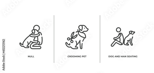 dog and training outline icons set. thin line icons sheet included null, grooming pet, dog and man seating vector.