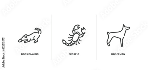 dog breeds fullbody outline icons set. thin line icons sheet included dogs playing, scorpio, doberman vector.