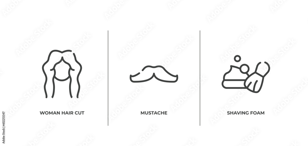 hairdressing and barber outline icons set. thin line icons sheet included woman hair cut, mustache, shaving foam vector. hairdressing and barber outline icons set. thin line icons sheet included woman hair cut, mustache, shaving foam vector.