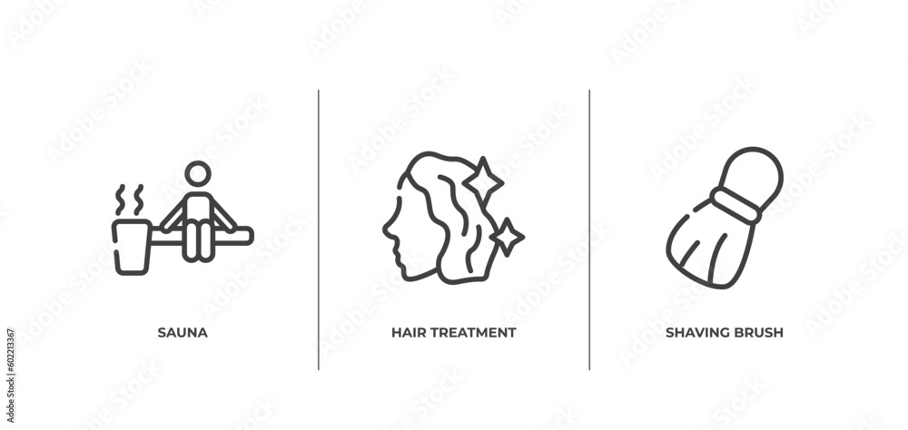 hairdressing and barber outline icons set. thin line icons sheet included sauna, hair treatment, shaving brush vector. hairdressing and barber outline icons set. thin line icons sheet included sauna, hair treatment, shaving brush vector.