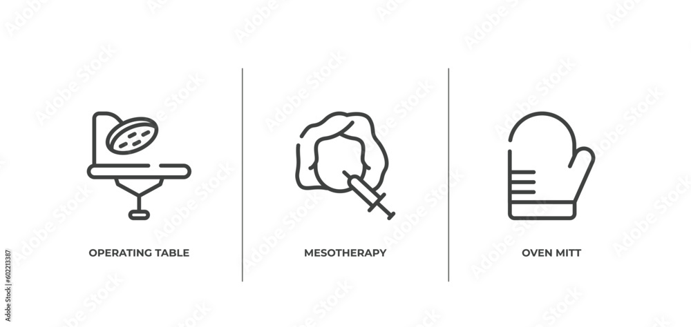 Fototapeta premium sauna outline icons set. thin line icons sheet included operating table, mesotherapy, oven mitt vector.