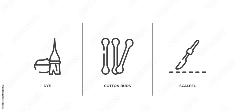 plastic surgery outline icons set. thin line icons sheet included dye, cotton buds, scalpel vector. plastic surgery outline icons set. thin line icons sheet included dye, cotton buds, scalpel vector.