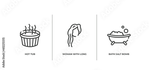 spa and yoga outline icons set. thin line icons sheet included hot tub, woman with long hair, bath salt bomb vector.