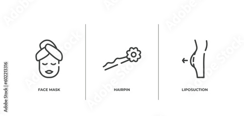 spa outline icons set. thin line icons sheet included face mask, hairpin, liposuction vector.