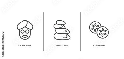 spa and yoga outline icons set. thin line icons sheet included facial mask, hot stones, cucumber vector.