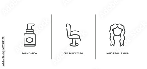 hair salon outline icons set. thin line icons sheet included foundation, chair side view, long female hair tincture vector.