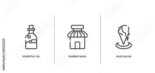 spa outline icons set. thin line icons sheet included essential oil, barber shop, hair salon vector.