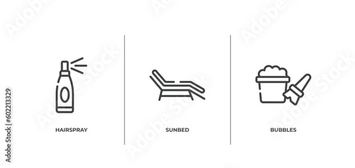 hairdressing and barber outline icons set. thin line icons sheet included hairspray, sunbed, bubbles vector.