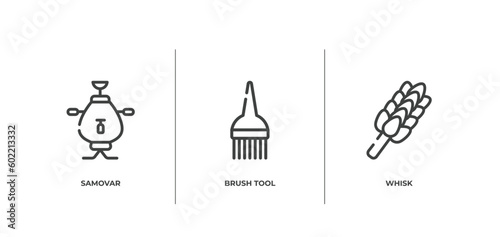 sauna outline icons set. thin line icons sheet included samovar, brush tool, whisk vector.
