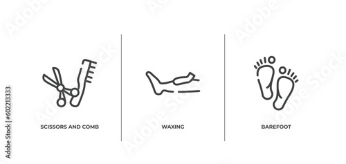 sauna outline icons set. thin line icons sheet included scissors and comb, waxing, barefoot vector.