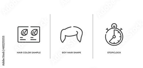 spa outline icons set. thin line icons sheet included hair color sample, boy hair shape, stopclock vector.