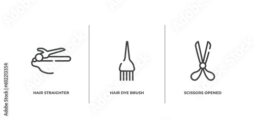 hair salon outline icons set. thin line icons sheet included hair straighter and hair curler, dye brush, scissors opened tool vector.