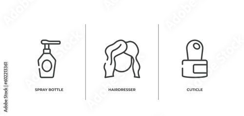 make up outline icons set. thin line icons sheet included spray bottle, hairdresser, cuticle vector.