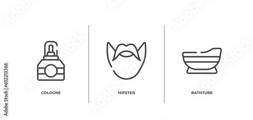 sauna outline icons set. thin line icons sheet included cologne, hipster, bathtube vector.