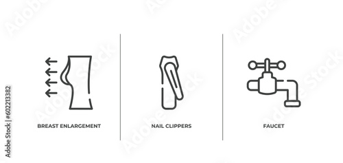 hairdressing and esthetics outline icons set. thin line icons sheet included breast enlargement, nail clippers, faucet vector.