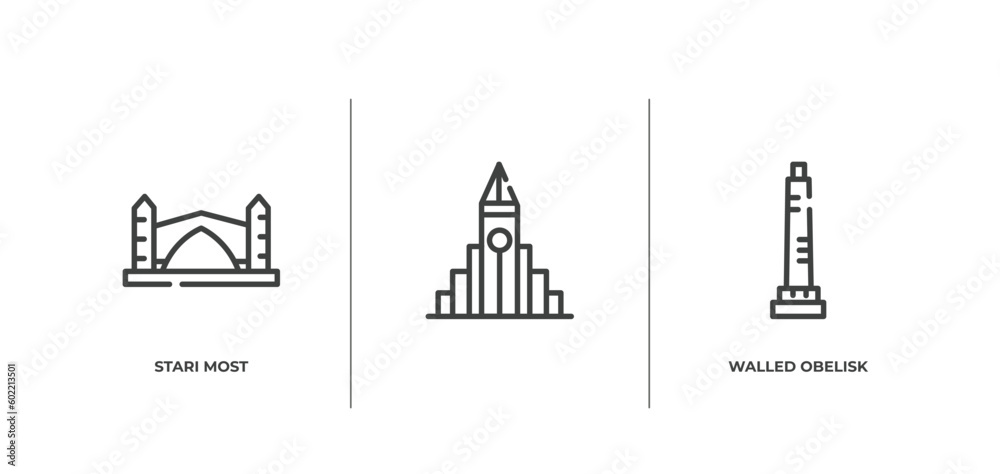 linear monuments outline icons set. thin line icons sheet included stari most, , walled obelisk vector.