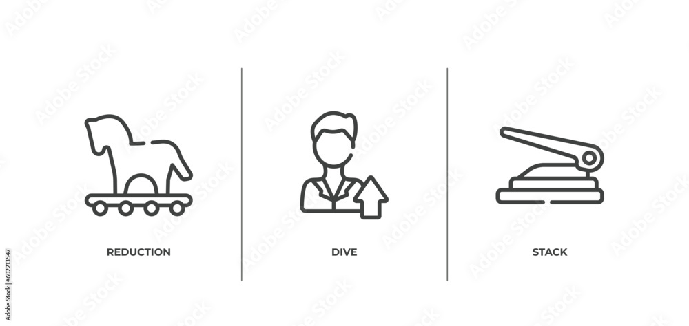 business and financial outline icons set. thin line icons sheet included reduction, dive, stack vector. business and financial outline icons set. thin line icons sheet included reduction, dive, stack vector.