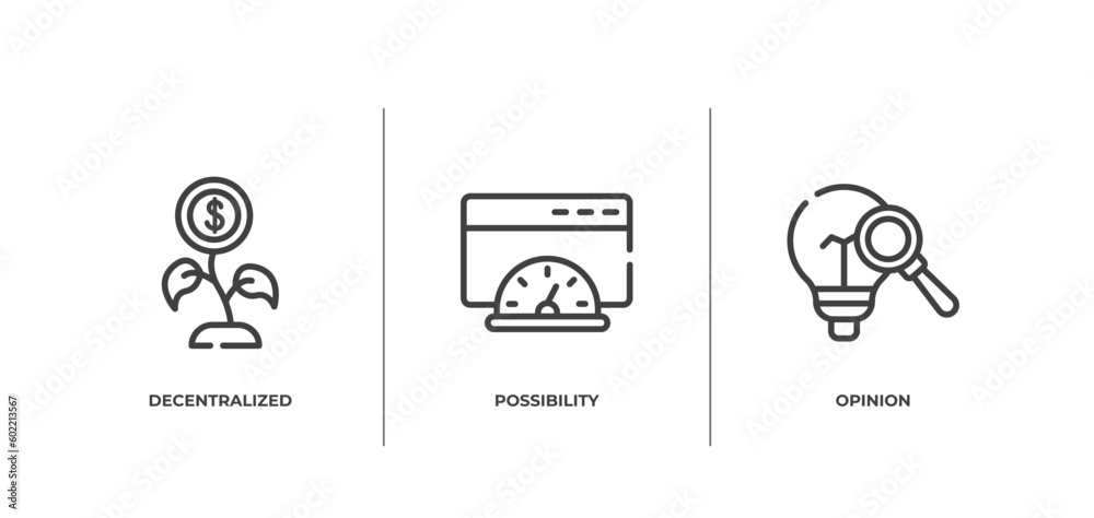 business outline icons set. thin line icons sheet included decentralized, possibility, opinion vector.