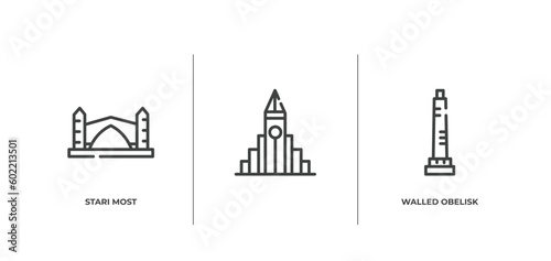 linear monuments outline icons set. thin line icons sheet included stari most, , walled obelisk vector.