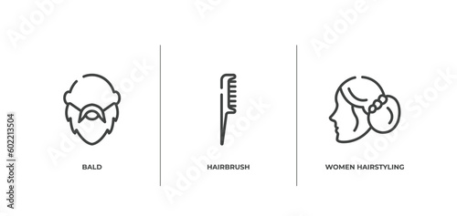 beauty outline icons set. thin line icons sheet included bald, hairbrush, women hairstyling vector.