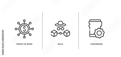 coworking space outline icons set. thin line icons sheet included proof of burn, bills, coworking vector.