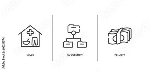 business outline icons set. thin line icons sheet included wage, suggestion, penalty vector.