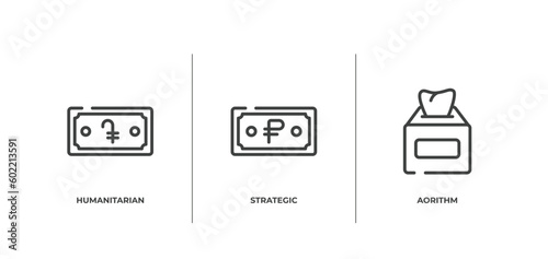 blockchain outline icons set. thin line icons sheet included humanitarian, strategic, aorithm vector.