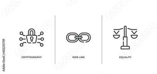 bitcoin outline icons set. thin line icons sheet included cryptography, web link, equality vector.
