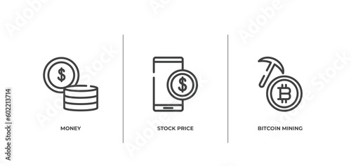bitcoin outline icons set. thin line icons sheet included money, stock price, bitcoin mining vector.
