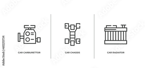 car parts outline icons set. thin line icons sheet included car carburettor, car chassis, radiator vector.