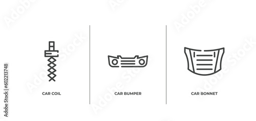 car parts outline icons set. thin line icons sheet included car coil, car bumper, bonnet vector.