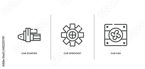 car parts outline icons set. thin line icons sheet included car starter, car sprocket, fan vector.