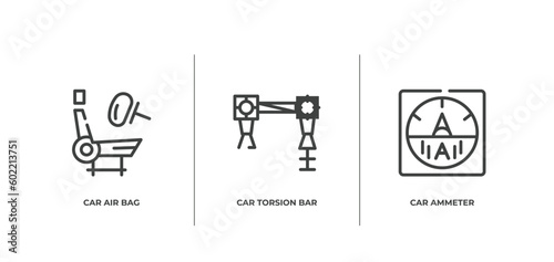 car parts outline icons set. thin line icons sheet included car air bag, car torsion bar, ammeter vector.
