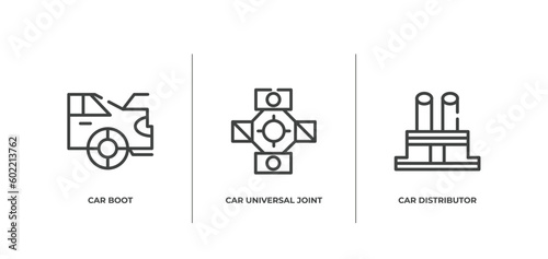 car parts outline icons set. thin line icons sheet included car boot, car universal joint, distributor cap vector.