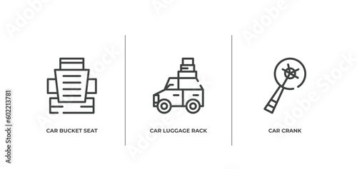 car parts outline icons set. thin line icons sheet included car bucket seat, car luggage rack, crank vector.
